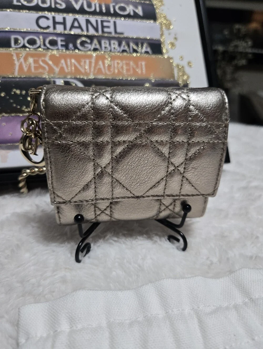 🔥 Christian Dior Lady Dior Cannage Pattern Metallic Compact Wallet EXCELLENT 🔥